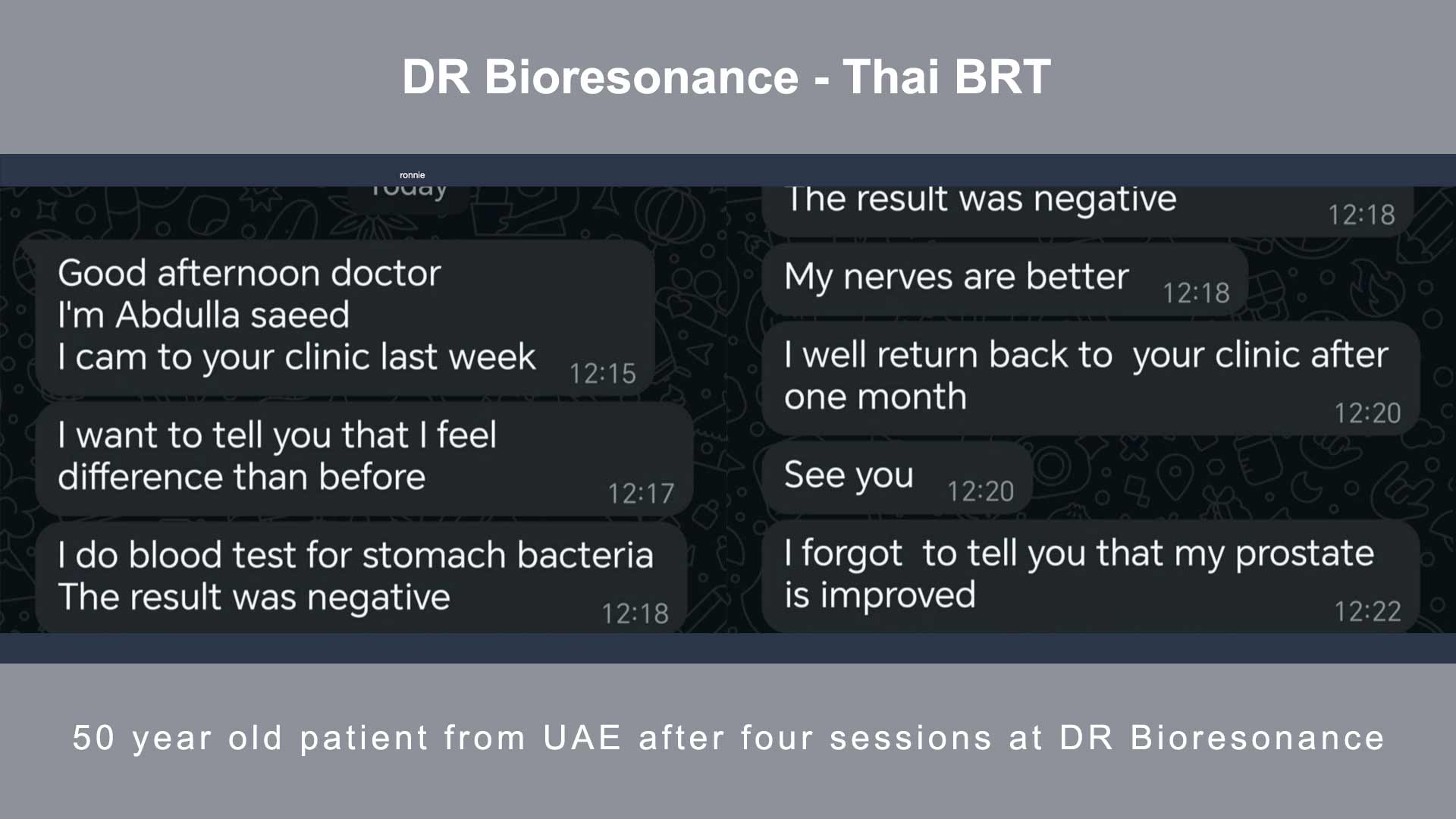 THAI-BRT-DR-Bioresonance-prostate-health-nerve-pain 50-year-old man from United Arab Emirates reports back on his improvements in prostate health after therapy at DR Bioresonance in Thailand.